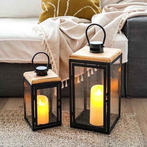 TRIROCKS Set of 2 Decorative Candle Lantern 16'' & 11'' High Metal Candle Holder Hanging Lantern Perfect for Home Decor Patio Living Room Parties Events Tabletop Indoors Outdoors (Black) - color: Black With Brown Top