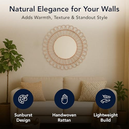 American Art Decor 25" Boho Woven Rattan Mirror - Round Decorative Wall Mirror - Rustic Farmhouse Small Hanging Accent Mirror for Living Room, Bedroom, Kitchen, Bathroom, Entryway