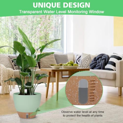 Self Watering Planter for Indoor Plants, 12" 10" 9" 8" Plastic Large Flower Pot Set with Water Level Indicator Deep Reservoir Saucer, Big House Bottom Watering Plant Pots with Drainage Hole - Green - color: Green