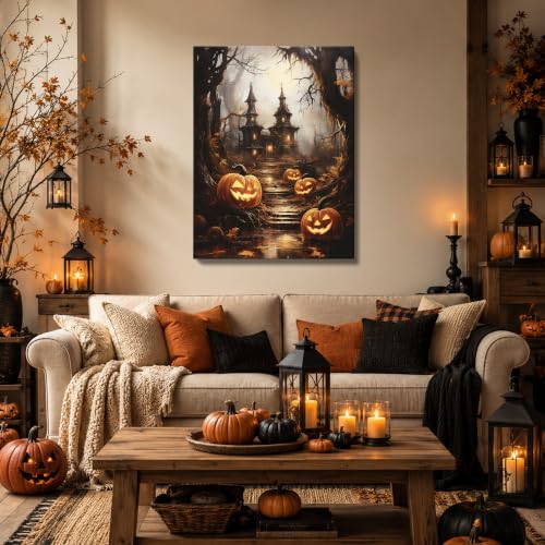 Halloween Wall Art, Gothic Haunted House and Pumpkin Halloween Pictures - color: Halloween01, size: 11"Lx14"W