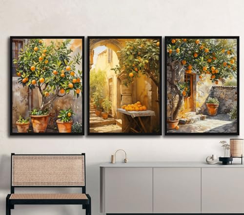 Orange Tree Framed Wall Art, 3 Piece Mediterranean Set, 12x16 Inch - color: Kumquat, size: 12x16 inch