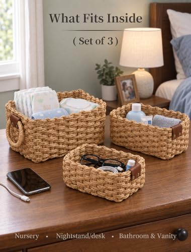Small Wicker Baskets, 3 PCS Paper Rope Baskets for Shelves, Brown - color: Brown