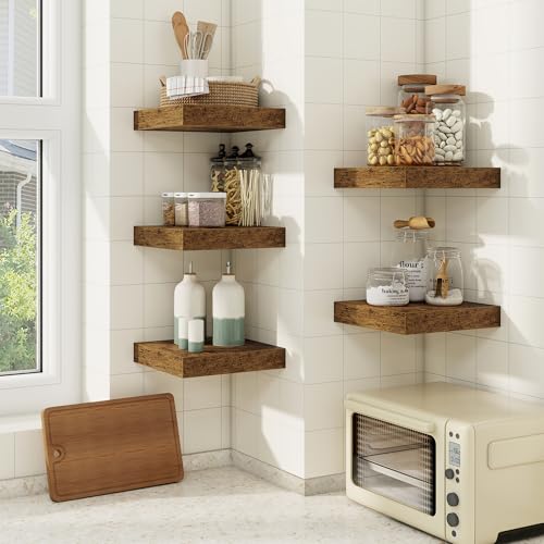 Floating Shelves for Wall, Wall Mounted Wood Shelves, Brown, Set of 3, 6.5” - color: Rustic Brown, size: 6.5"W x 6.5"D , 3 Pack