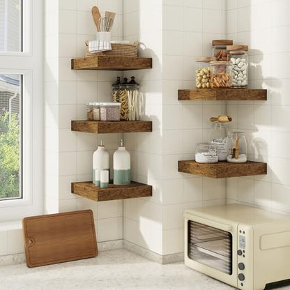 Floating Shelves for Wall, Wall Mounted Wood Shelves, Brown, Set of 3, 6.5” - color: Rustic Brown, size: 6.5"W x 6.5"D , 3 Pack