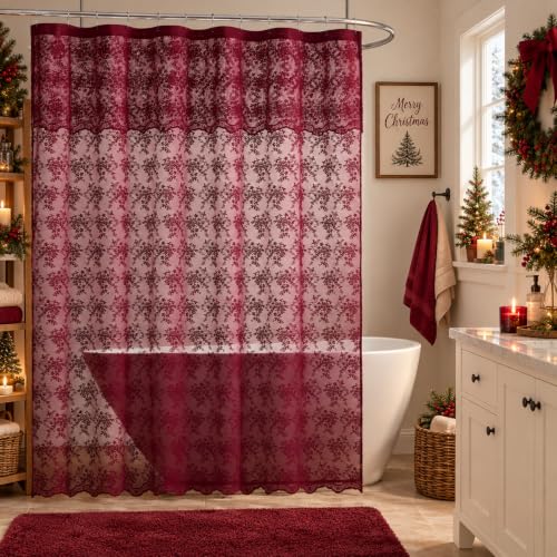 TUDECO Lace Burgundy Shower Curtain with Attached Valance, 72 x 72 Inch - color: Burgundy, size: 72"W x 72"L (Pack of 1)