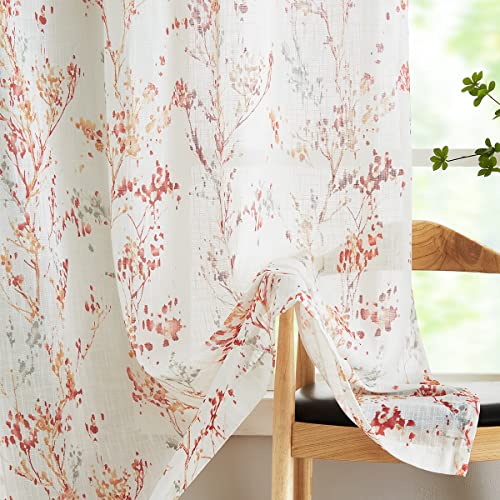 Tree Print Semi Sheer Curtains for Fall 63" Orange White Branch Living Room - color: Red/Orange, size: 52"W x 63"L (Pack of 2)