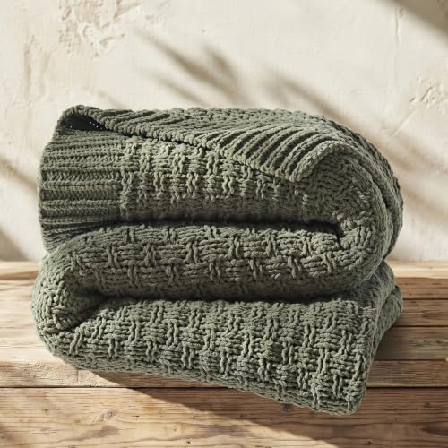 EVERGRACEHOME Chunky Chenille Knit Throw Blanket, Dried Thyme Green, 60x80 - color: Dried Thyme Green, size: 60" x 80"