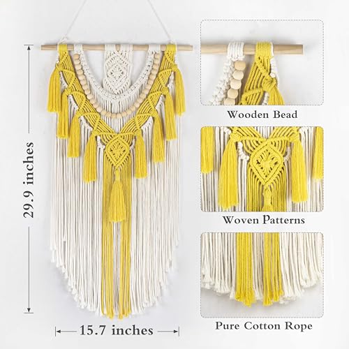 EOBTAIN Yellow Macrame Wall Hanging Boho Macrame Wall Art Handmade Woven Tapestry with Beige Tassel, Bohemian Yellow Wall Decor for Bedroom Living Room Nursery Dorm Home, 30L x 15.7W Inch - color: Yellow