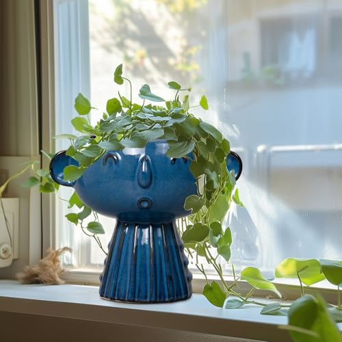 Head Planter Pot - 7 Inch Cute Face Planter for Indoor Outdoor Plants Ceramic Succulent Pot Round Flower Pot Present for Mother Christmas with Drainage Hole Blue - color: Blue-girl