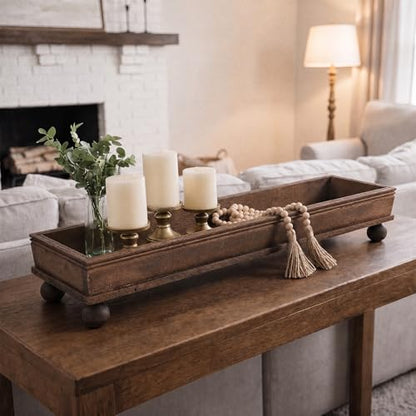 35.5 Inch Long Wooden Decorative Tray with Riser for Table Centerpiece