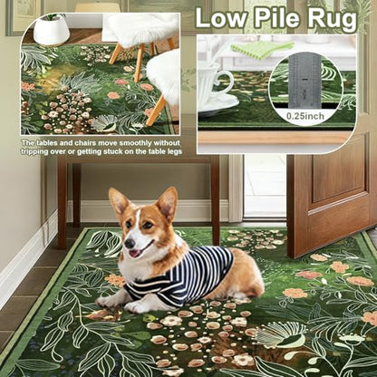 Yinhua Dark Green Area Rug for Entryway 3x5 Botanical Washable Rug Non Silp - size: 3' x 5' (Rectangular)