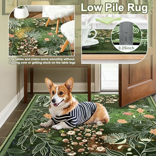 Yinhua Washable Round Rugs 4ft, Dark Green Botanical Area Rugs Non Slip - size: 4ft (Round)