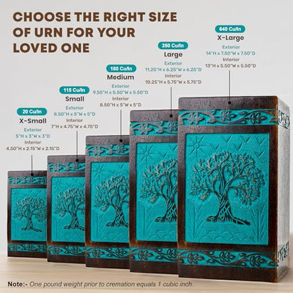 Tree of Life Wooden Urn for Human Ashes, X-Large 250 Cu in, Teal - color: Teal Green, size: X-Large (250 cu in)