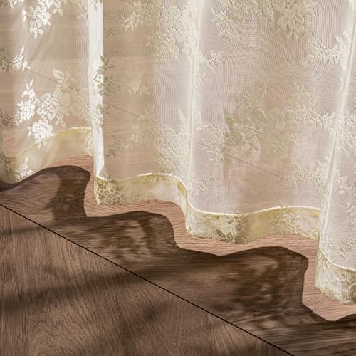MEETSKY Lace Sheer Curtains 96 Inch Length Cream Floral Sheer Curtain - color: Light Yellow, size: 50"W x 96"L (Pack of 2)