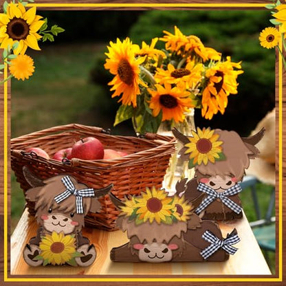 GlikCeil 3 Pcs Sunflower Highland Cow Table Decorations Wooden Centerpiece - style: Sunflower