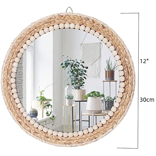 OYPEIP 12" Nature Rattan Boho Innovative Art Decoration Round Makeup Mirror Dressing Bedroom Bathroom Wall Mounted Hanging Mirrors Craft Photo Props…
