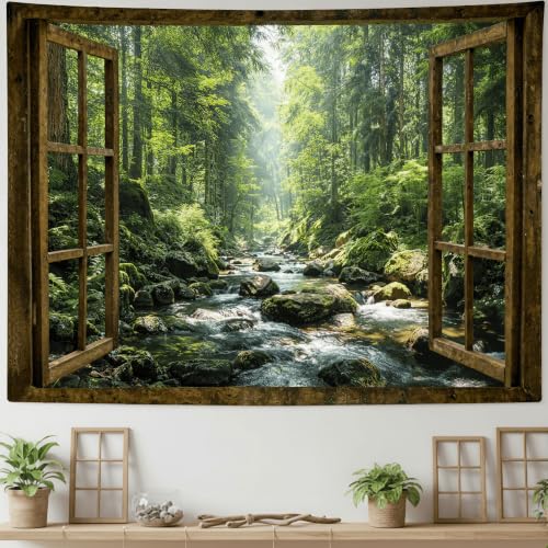 AMM Window Forest Tapestry 60x44 Inch | Green Nature Jungle Tapestry Wall Hanging, Rainforest Stream Landscape Wall Art, Ideal for Bedroom Dorm Living Room Decor - color: Green Rainforest, size: 60"L x 44"W
