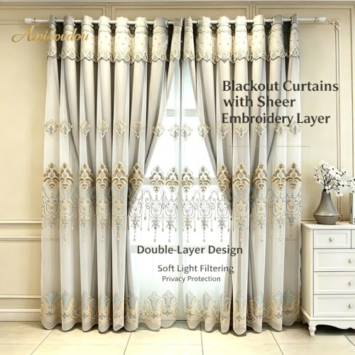 Amidoudou 1 Pair European Curtains with Valance Attached Double Layer Curtains for Living Room Bedroom (Grey,51x96 Inch) - color: Grey, size: 51"W x 96"L (Pack of 2)