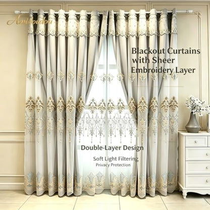 Amidoudou European Curtains with Valance, Double Layer, Grey, 51x90 Inch - color: Grey, size: 51"W x 90"L (Pack of 2)