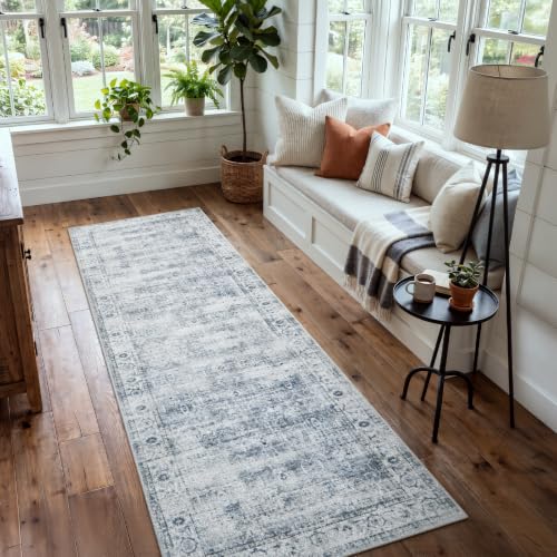 Morebes Vintage Hallway Runner Rug 2.5x8, Modern Kitchen Rugs Non Slip Washable, Soft Low-Profile Distressed Entryway Carpet Runner for Hallways Laundry Room Bathroom Foyer Indoor Floor, Blue-Gray - color: Grey-blue/Multi, size: 2.5' x 8' (Runner)