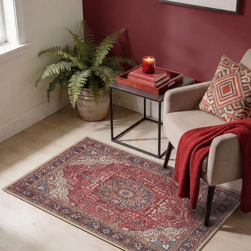 Keen Home Design Vintage Washable Entryway Rug, Non-Slip Low Pile, 2x3 - color: Red/Dark Beige, size: 2' x 3' (Rectangular)