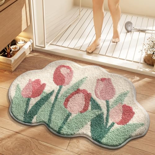 Cloud-Shaped Tulip Bath Mat, Soft Non-Slip Fluffy Fresh Flowers Bathroom Rug, Ultra Absorbent Microfiber Shaggy Door Mat, Machine Washable Bath Rug Carpet for Bathtub Bedroom 20x31 Inch (Tulip) - color: Tulip