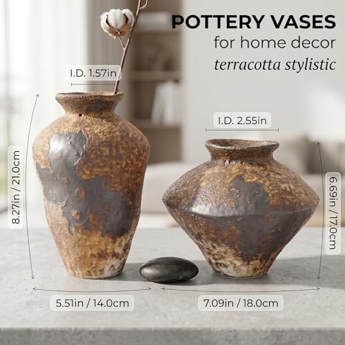 Small Stone Vase for Rustic Home Decor, Farmhouse Antique Pottery Vase Furniture&Table Flower Decorative, Round Terracotta Vases for Living Room Decor, Modern Rustic Concrete Clay Art Vases - size: Large