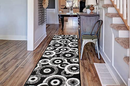 31 Inch x 7 Feet Non-Slip Geometric Runner Rug | Extra Wide Custom Cut Hallway Carpet | Built-in Rubber Backing | No Rug Pad Needed | Instant Traction for Dogs & Pets | Flat Lay, No Creases | Black - color: Geo / Black, size: 31 inch Width X 7 Feet Length