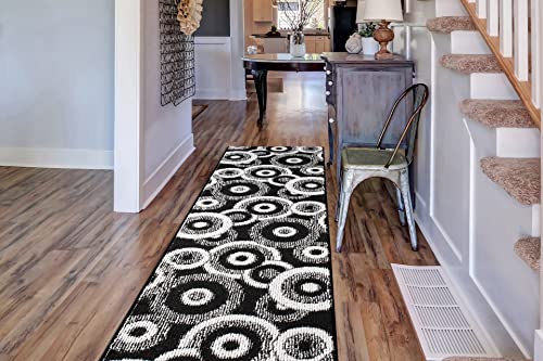 31 Inch x 7 Feet Non-Slip Geometric Runner Rug | Extra Wide Custom Cut Hallway Carpet | Built-in Rubber Backing | No Rug Pad Needed | Instant Traction for Dogs & Pets | Flat Lay, No Creases | Black - color: Geo / Black, size: 31 inch Width X 7 Feet Length