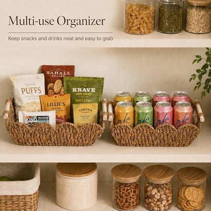 Coeusy Set of 2 Paper Rope Scalloped Baskets, Cute Wicker Basket Natural - color: Neutral