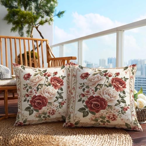 Firmiso Burgundy Cream Rose Floral Throw Pillow Covers 18x18 Set of 2, Vintage French Country Decorative Cushion Covers, Shabby Chic Cottagecore Flower Pillow Cases for Couch Sofa Bedroom Home Decor - color: Vintage Rose