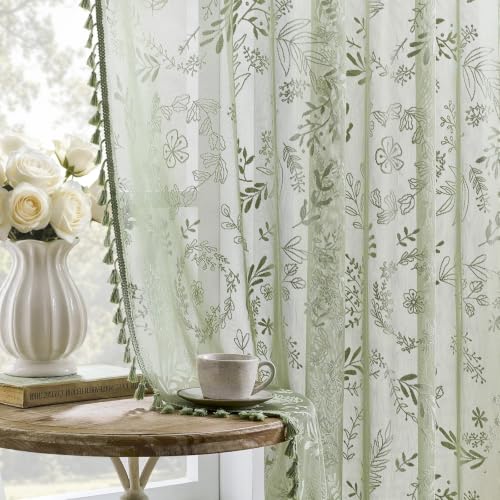Kotile Sage Green Sheer Curtains 54 Inch Length, Boho Lace Kitchen Panels - color: Sage Green, size: 52"W x 54"L (Pack of 2)