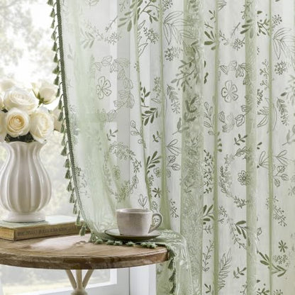 Kotile Sage Green Sheer Curtains 72 inches Long, Boho Lace Window Panels - color: Sage Green, size: 52"W x 72"L (Pack of 2)