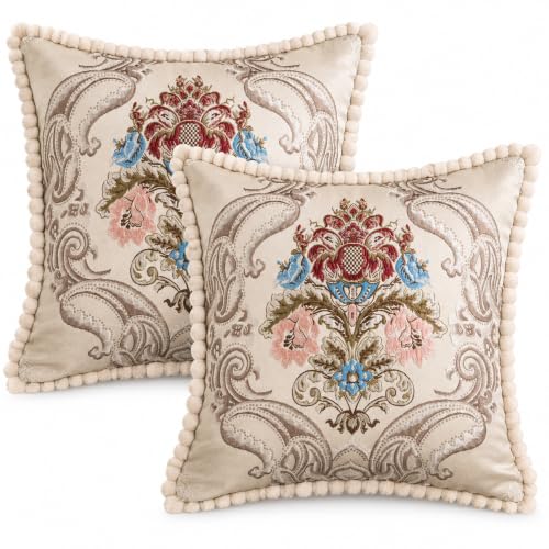 2Pcs Pillow Covers Decorative European Jacquard Vintage Embroidery Stereo Sofa for Home Decor, Sofa Living Room, Couch, Bed.18x18 or 20x20 inches. (CREAMBEIGE Blue pack2) - color: Creambeige Blue Pack2