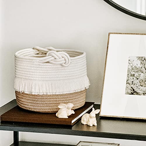CherryNow Small Woven Rope Baby Basket with Tassel, 9.5" x 7", Jute - color: White & Camel, size: 10L (9.5"W x 7"H)