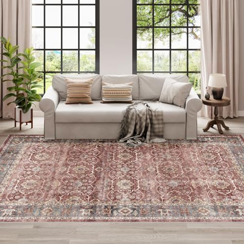 Dripex Vintage 5x7 Area Rugs - Large Washable Area Rug for Living Room Bedroom Oriental Medallion Floral Print Floor Carpet Low-Pile Indoor Soft Non-Slip Accent Rug Farmhouse Home Office Decor - color: Brick/Blue, size: 5' x 7' (Rectangular)