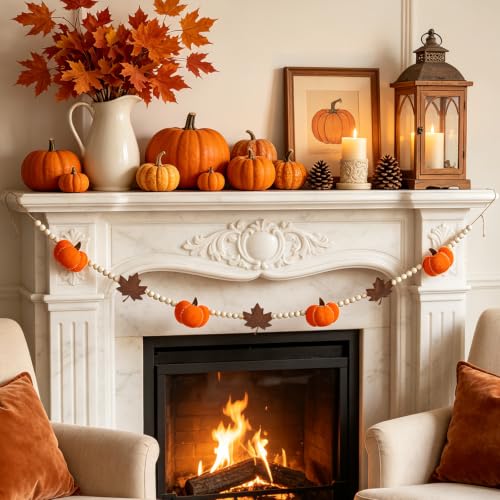 6.8 FT Fall Pumpkin Garland with Maple Leaves and Wood Beads, Autumn Decor - color: Pumpkin