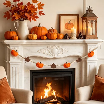 6.8 FT Fall Pumpkin Garland with Maple Leaves and Wood Beads, Autumn Decor - color: Pumpkin