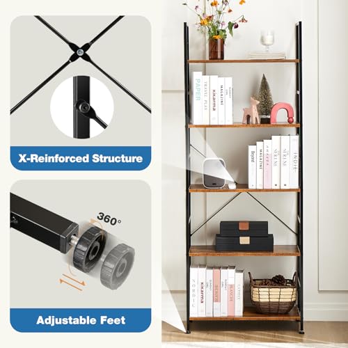 DUMOS 5 Tiers Bookshelf, Classical Modern Book Shelf Bookcase - color: Brown, size: 5 Tier＆Open