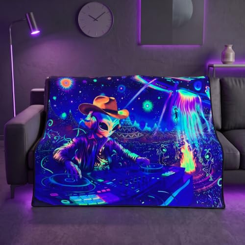 Blacklight Galaxy Alien Party Throw Blankets UV Reactive Night Sky Spaceship Throw Blanket Glow in the Dark Under Black Lights Game Room Decor Soft Throw Gifts 59x51 Inches - color: Alien Party
