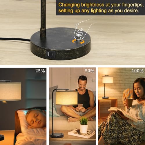 25" Tall Bedside Table Lamp with USB C+A Ports, Fully Dimmable Desk Lamp - color: Black with Brushed Gold