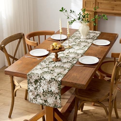 ORTIGIA Vintage Floral Fall Table Runner, Green Brown Chenille，13x48 Inch