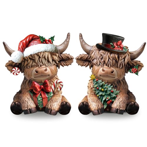 Karenhi 2 Pcs Highland Cow Figurines Resin Christmas Decor for Home Office - style: Christmas