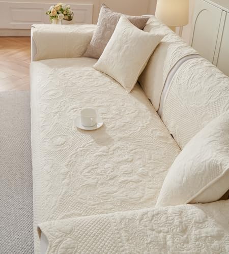vctops Boho Cotton Quilted Couch Cover Soft Embroidered Sofa Cover Non-Slip Dog Bed Cover Scalloped Sofa Slipcover Washable Furniture Protector Cover (Cream,28"x70") - color: Cream, size: 1pc/28"x70"/Rectangular