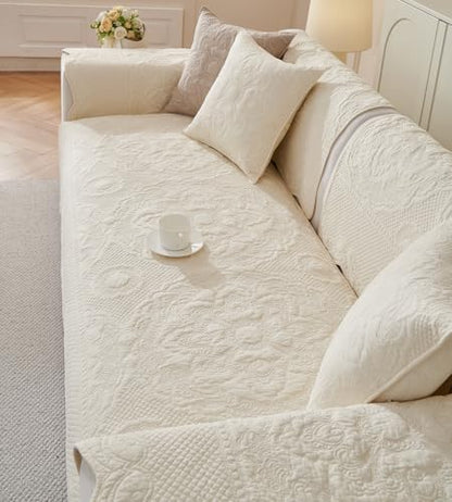 vctops Boho Cotton Quilted Couch Cover Soft Embroidered Sofa Cover Non-Slip Dog Bed Cover Scalloped Sofa Slipcover Washable Furniture Protector Cover (Cream,28"x70") - color: Cream, size: 1pc/28"x70"/Rectangular