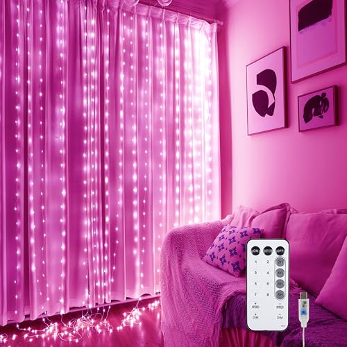 Pink Fairy Curtain Lights for Bedroom - 300 LED 9.8x9.8 Ft Battery Operated String Lights with Remote, 8 Modes USB Plug-in - for Pink Room, Party, Bedroom Decoration - color: Pink