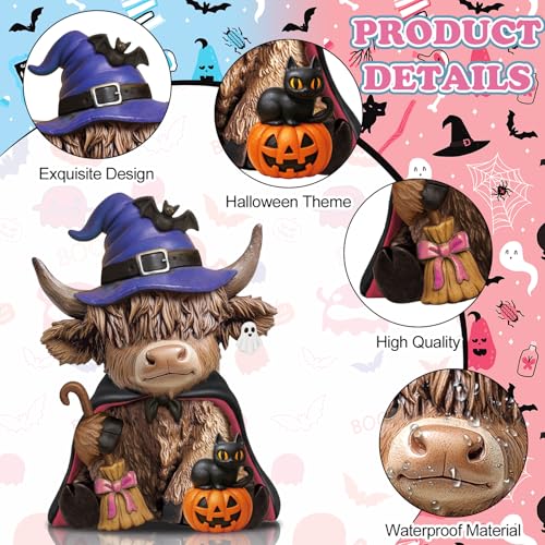 Karenhi 2 Pcs Halloween Highland Cow Figurines, Witch Hat Pumpkin Decor - style: Boo
