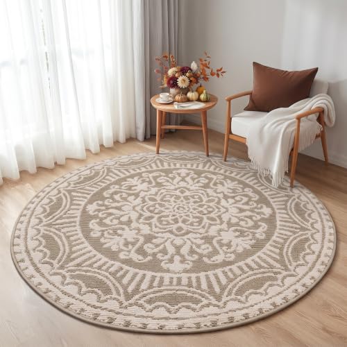 U'Artlines 4ft Round Area Rug Non Slip Low Pile Floor Carpet Beige - color: Beige, size: 4' (Round)