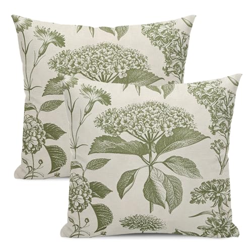 Floral Pillow Covers 24x24 Set of 2 Vintage Sage Green Hydrangea Herbs Botanical Throw Pillow Cover Outdoor Decoration Boho Flower Pillowcase Farmhouse Decorative Cushion Case for Home Couch - color: Vintage Floral-sage Green, size: 24" x 24" (Pack of 2)