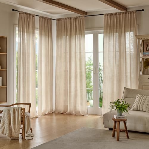 Warm Beige Sheer Linen Curtains for Living Room Bedroom 96 Inches Long - color: Warm Beige, size: 52"W x 96"L (Pack of 2)